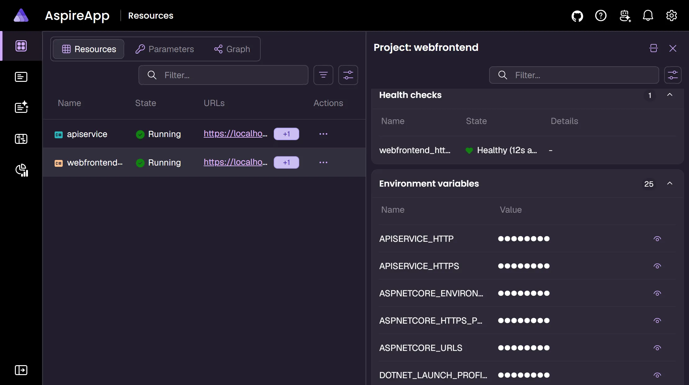 Screenshot of the Aspire dashboard showing health check status for resources