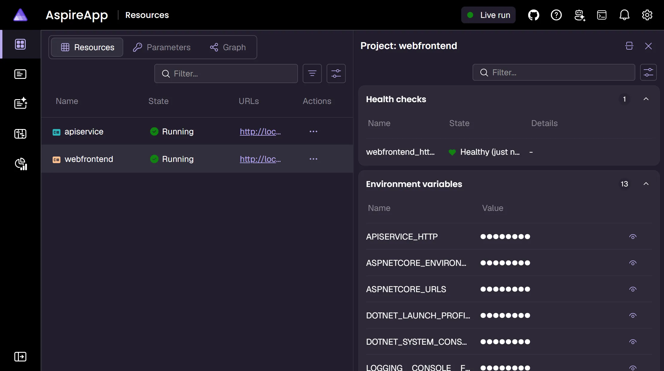 Screenshot of the Aspire dashboard showing health check status for resources