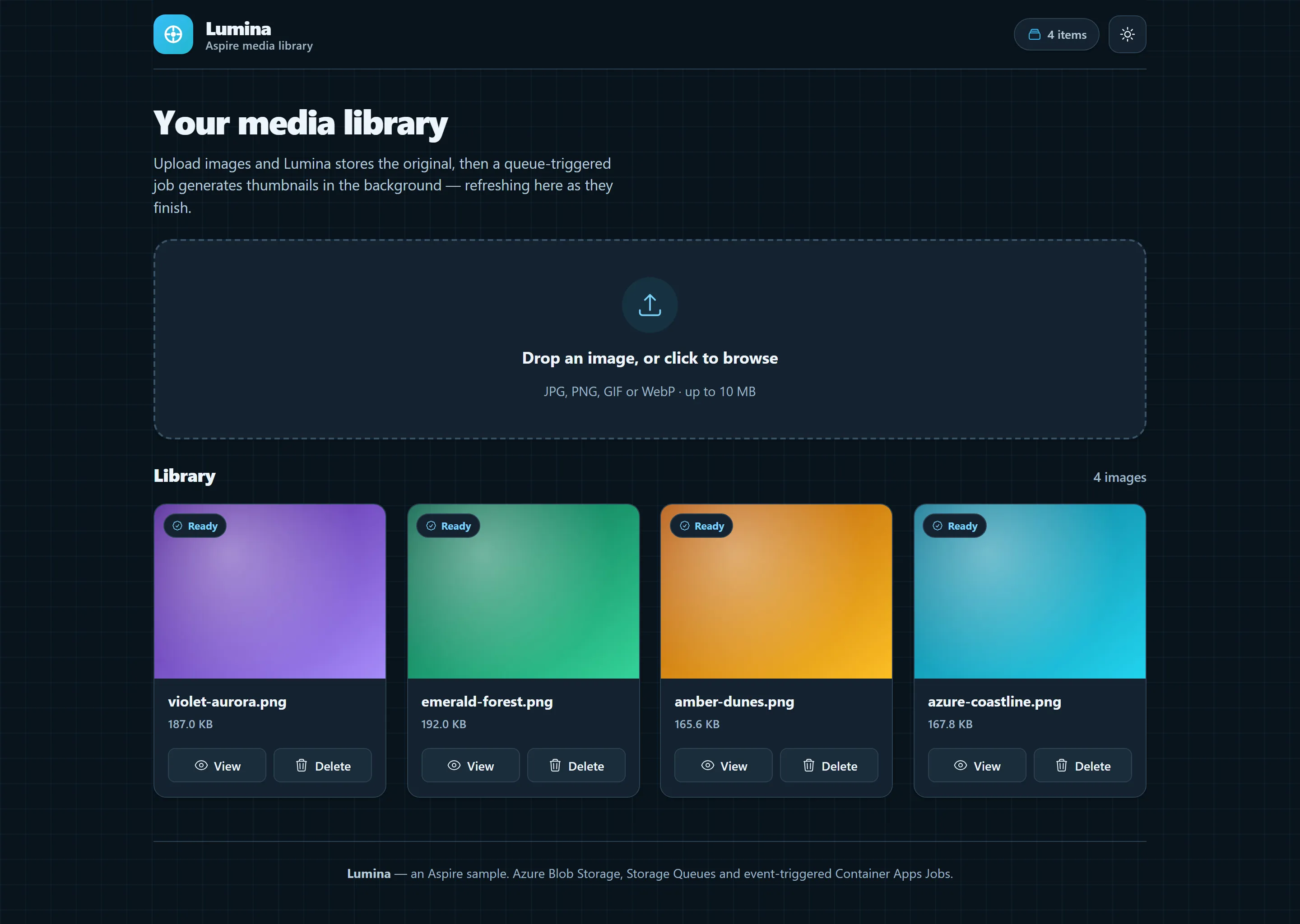 Screenshot of the Image Gallery with Event-Triggered Azure Container Apps Jobs sample