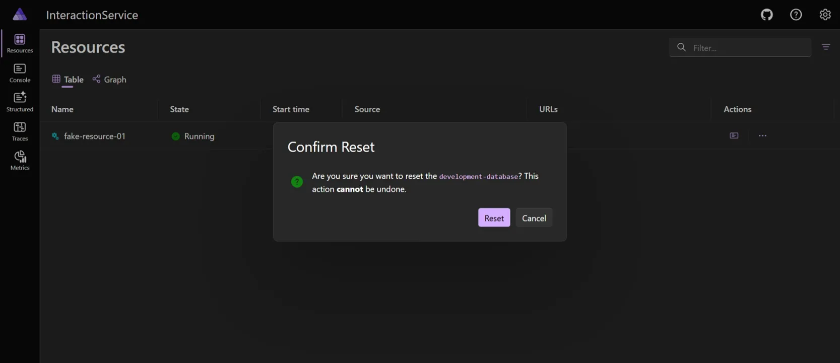 Aspire dashboard interface showing a confirmation dialog with a title, message, and buttons for confirming or canceling the operation.