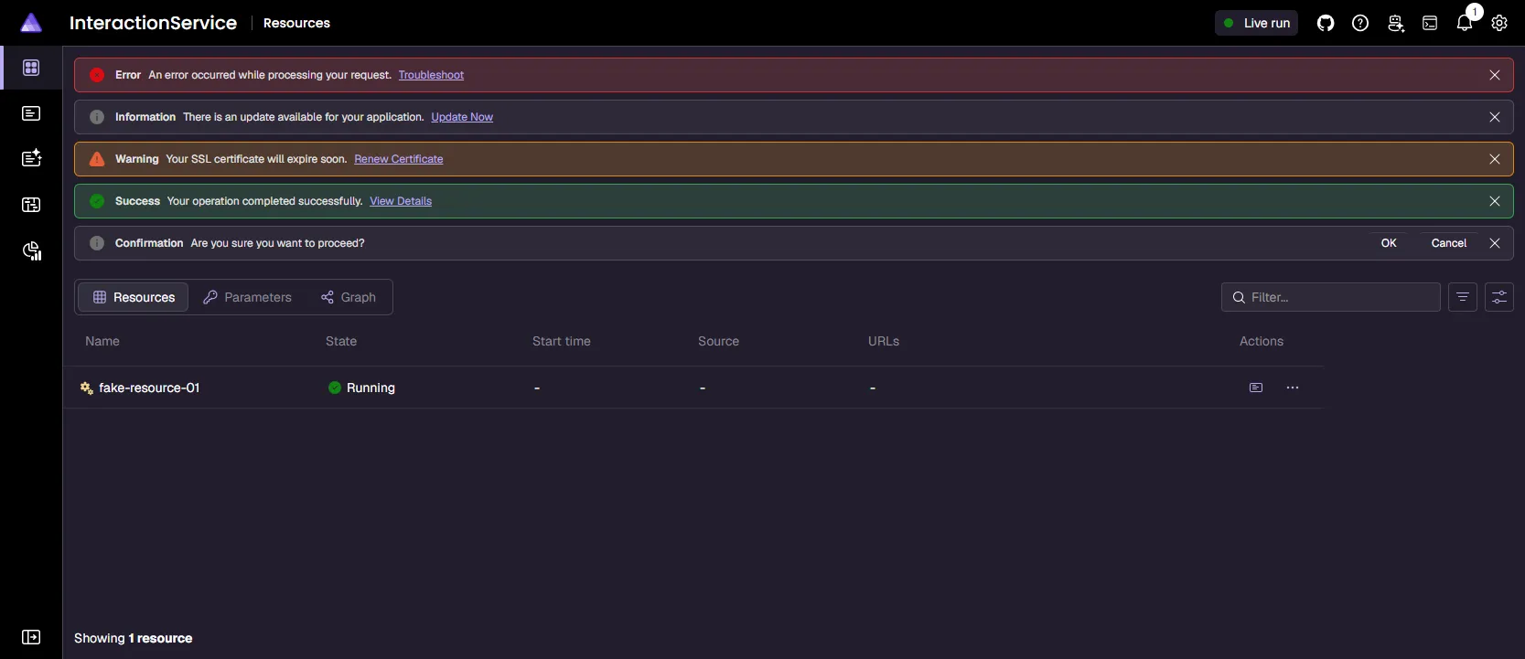Aspire dashboard interface showing multiple notification messages stacked near the top of the page. There are five notifications displayed, each with a different type of notification.