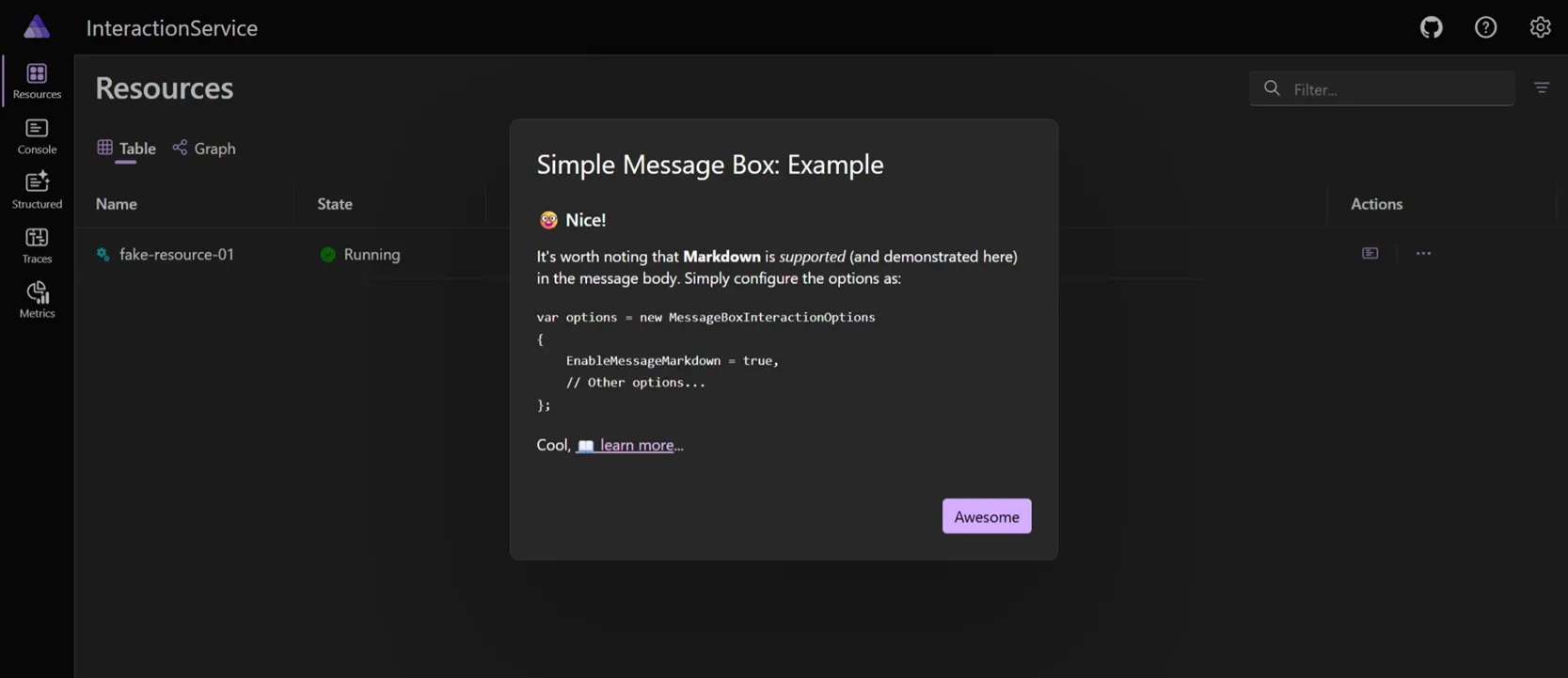 Aspire dashboard interface showing a message dialog with a title, message, and buttons.