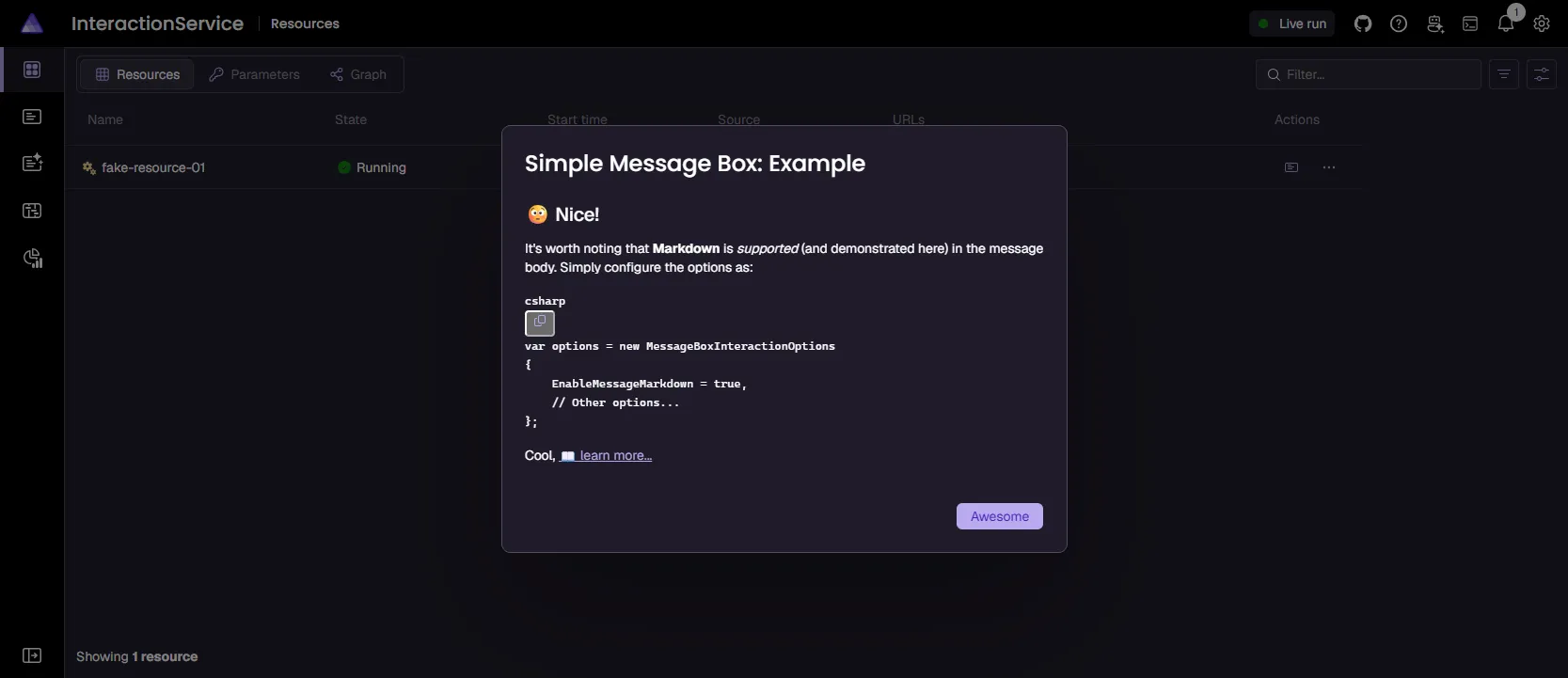 Aspire dashboard interface showing a message dialog with a title, message, and buttons.