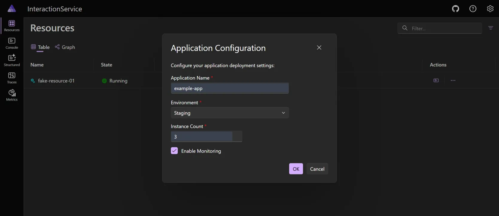 Aspire dashboard interface showing a multiple input dialog with filled input fields and buttons for confirming or canceling the input.