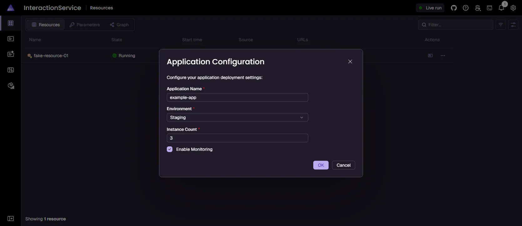 Aspire dashboard interface showing a multiple input dialog with filled input fields and buttons for confirming or canceling the input.