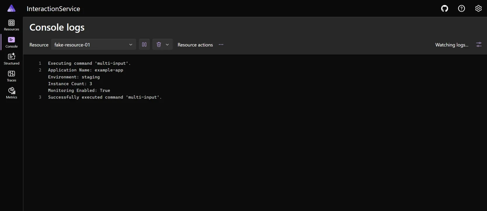 Aspire dashboard interface showing logs with the input values entered in the multiple input dialog.