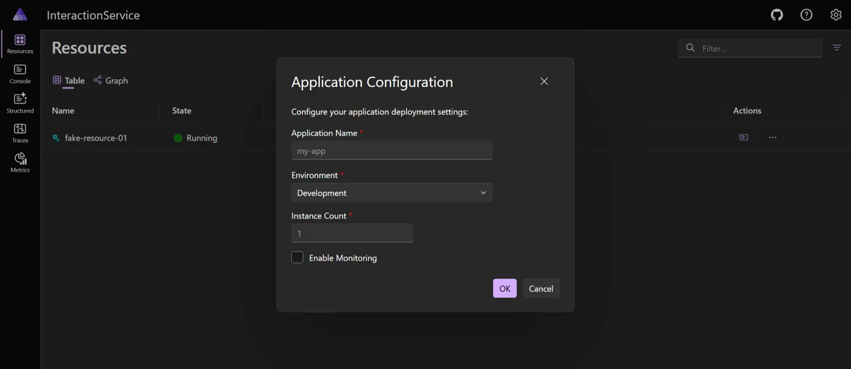 Aspire dashboard interface showing a multiple input dialog with labels, input fields, and buttons for confirming or canceling the input.