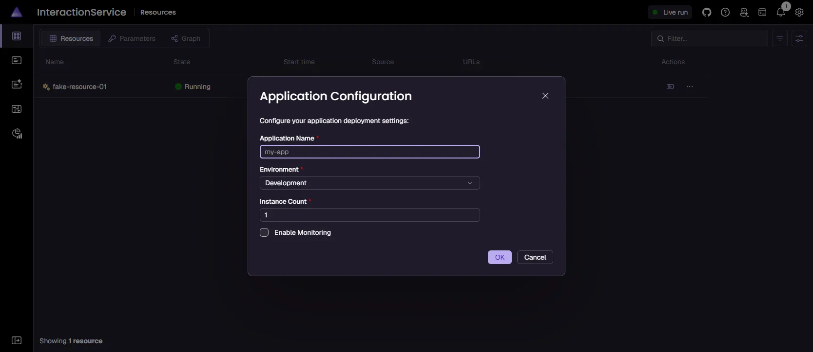 Aspire dashboard interface showing a multiple input dialog with labels, input fields, and buttons for confirming or canceling the input.