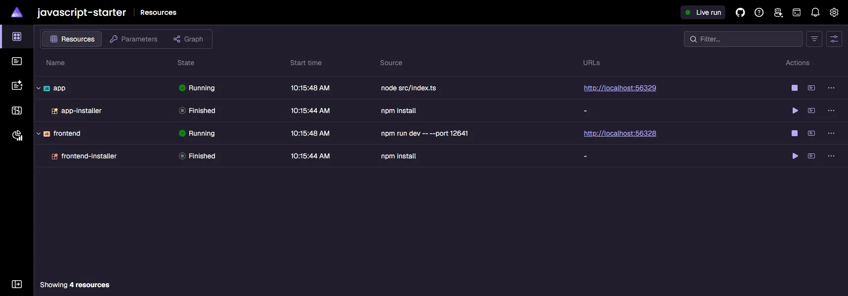 Aspire dashboard Resources page displaying two running and two finished resources: app and frontend. Both app and frontend are marked as Running with green check icons while their installer resources show as Finished. The table lists columns for Name, State, Start time, Source, URLs, and Actions.
