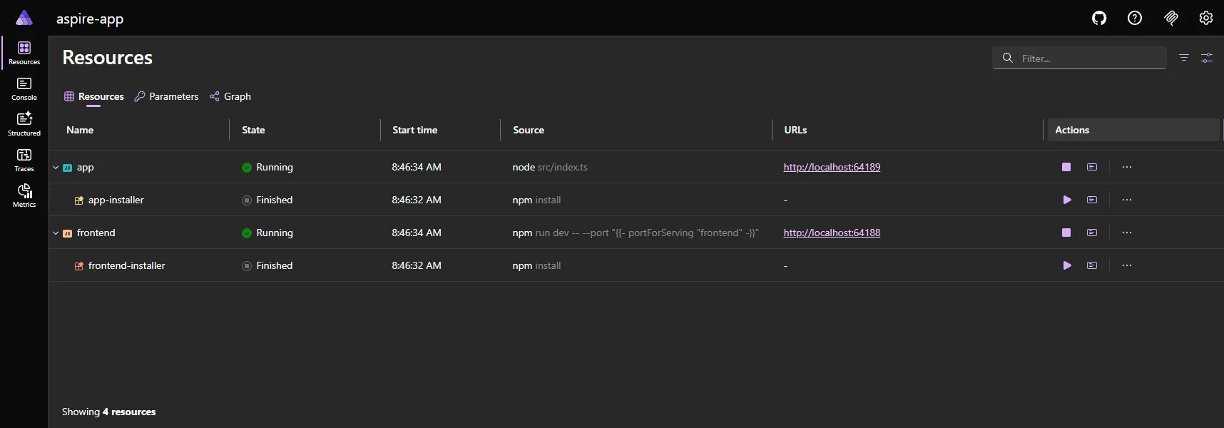 Aspire dashboard Resources page displaying two running and two finished resources: app and frontend. Both app and frontend are marked as Running with green check icons while their installer resources show as Finished. The table lists columns for Name, State, Start time, Source, URLs, and Actions.