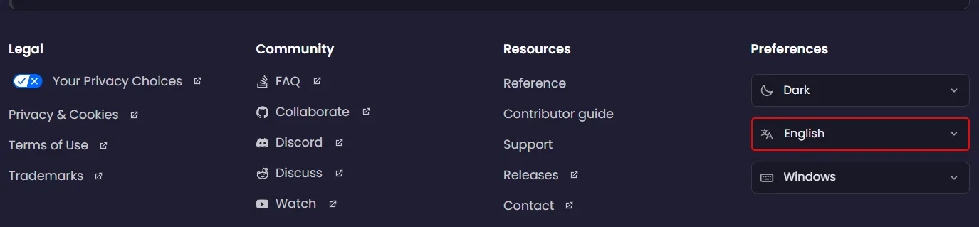 Language selector dropdown in the footer Preferences section