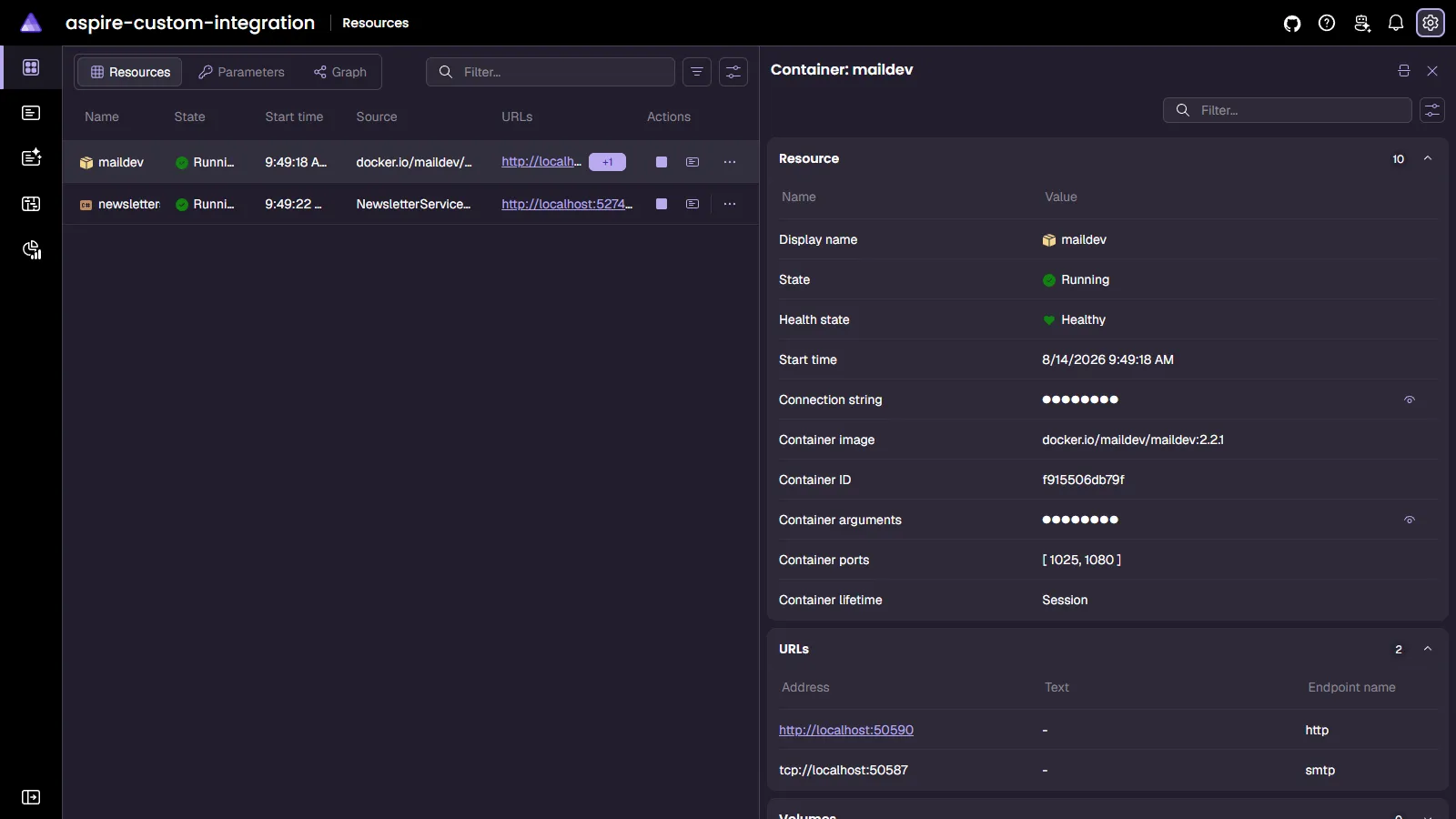 Aspire Dashboard: MailDev container resource details.