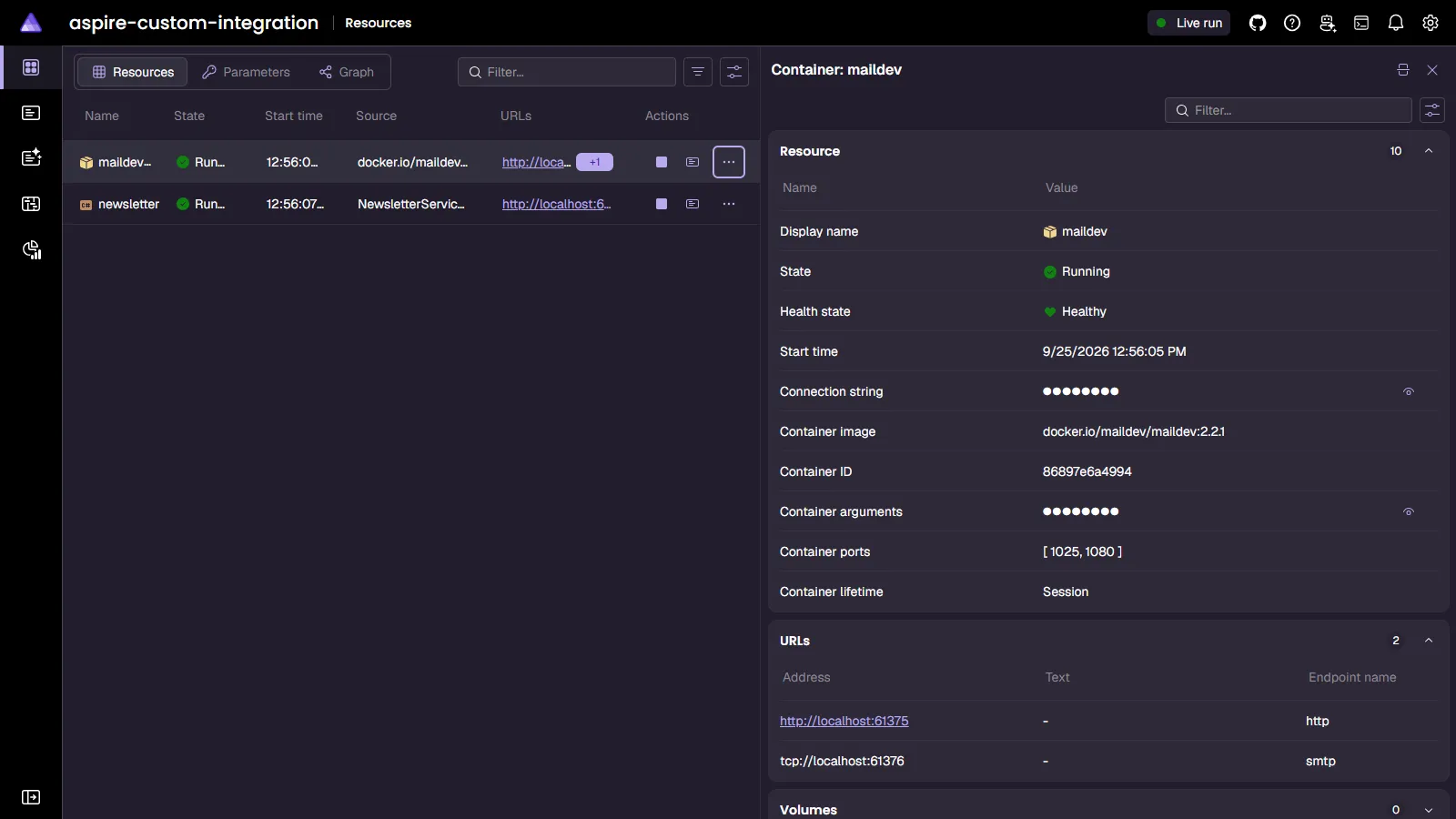 Aspire Dashboard: MailDev container resource details.