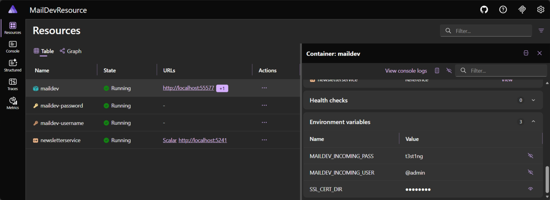 Aspire Dashboard: MailDev container resource details.