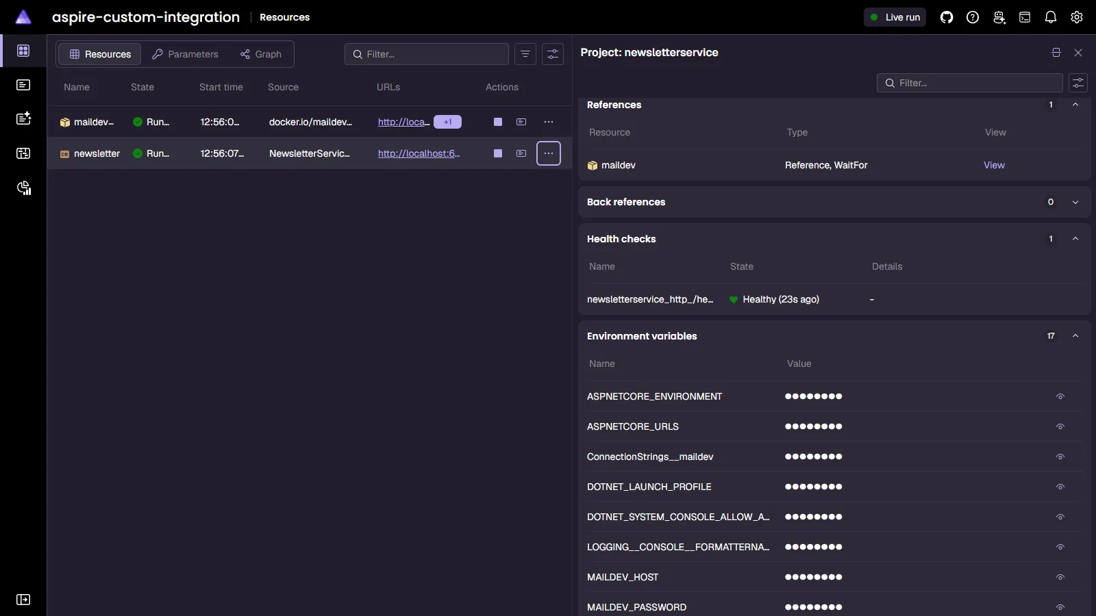 Environment variables for Newsletter Service in Aspire Dashboard.