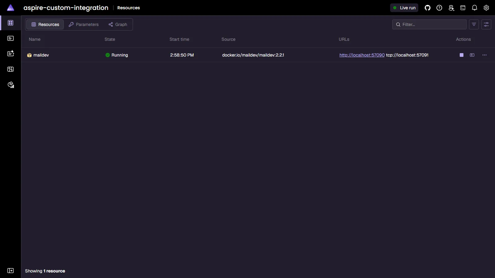 MailDev resource visible in Aspire dashboard.
