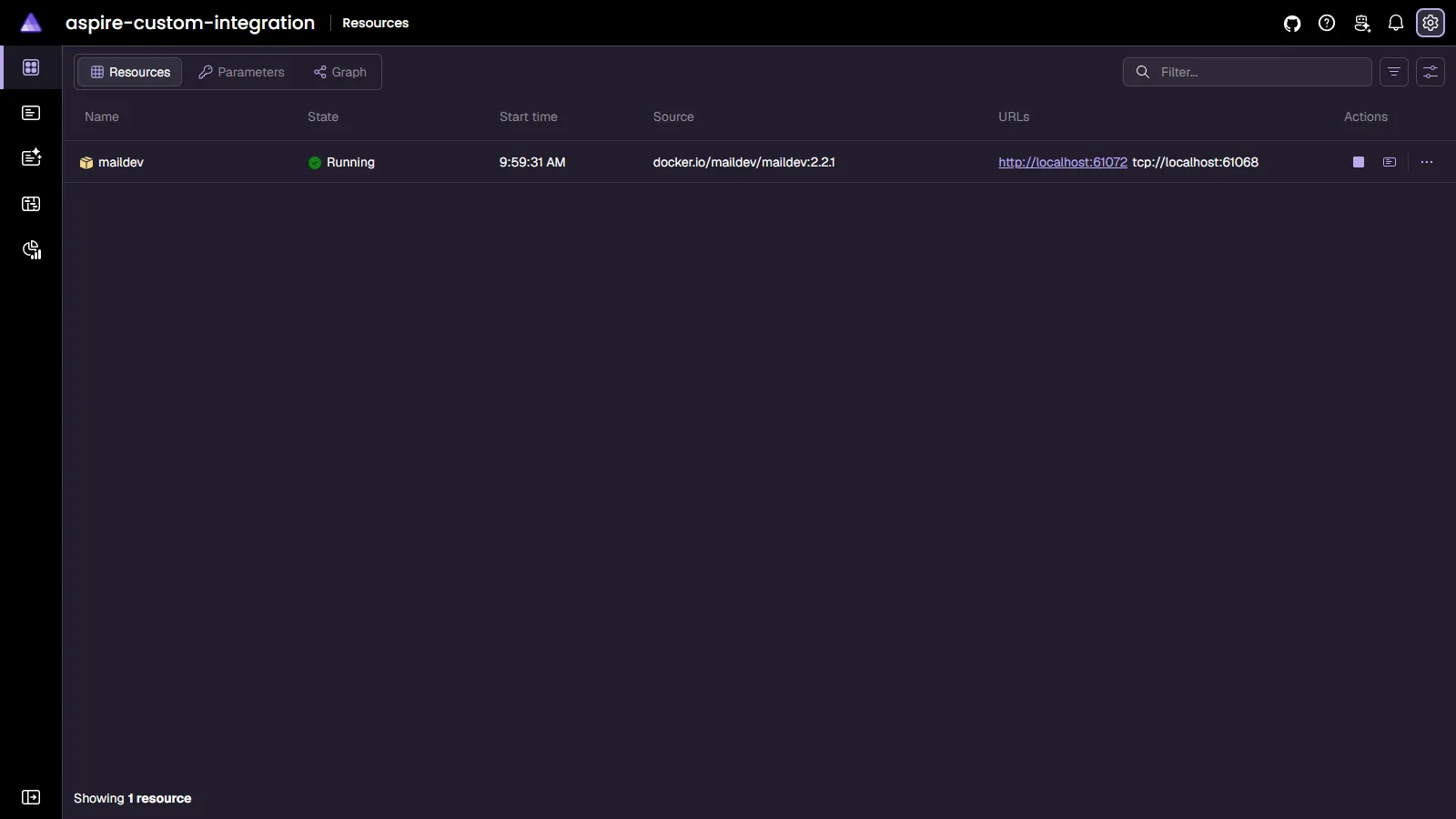 MailDev resource visible in Aspire dashboard.