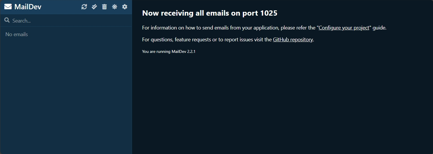 MailDev web-based user interface running as a container managed by Aspire.