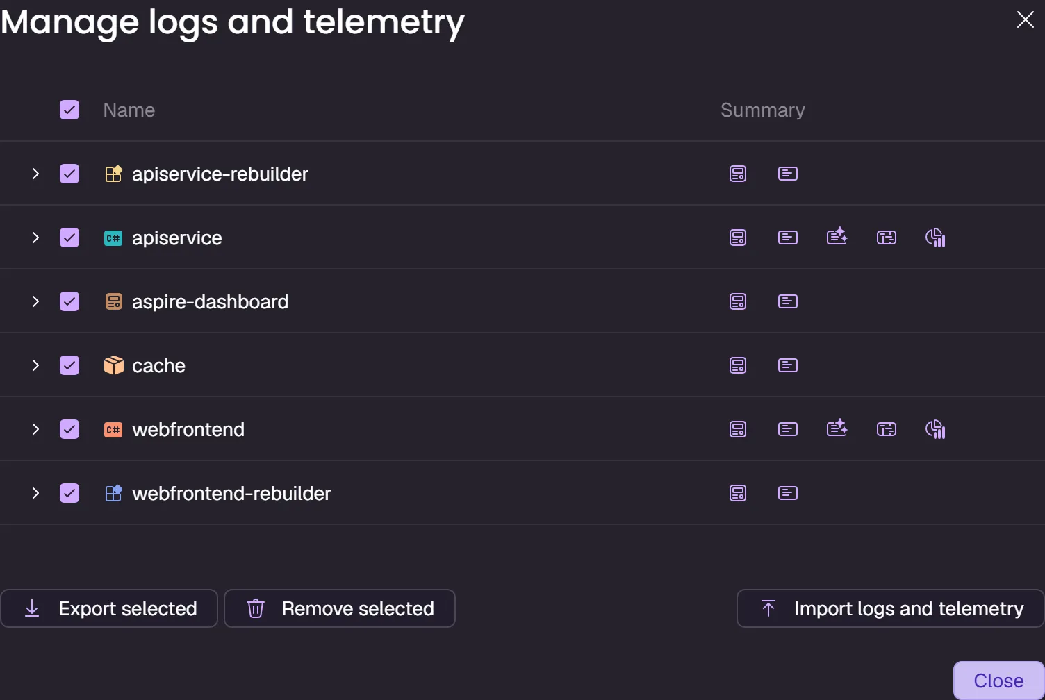 A screenshot of the Aspire dashboard Manage logs and telemetry dialog, showing resources with available data types and export, remove, and import buttons.