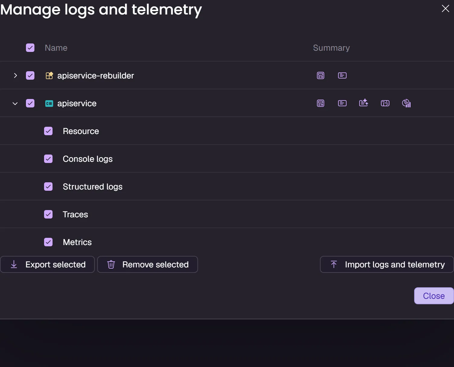 A screenshot of the Aspire dashboard Manage logs and telemetry dialog, showing a resource expanded to display individual data types.