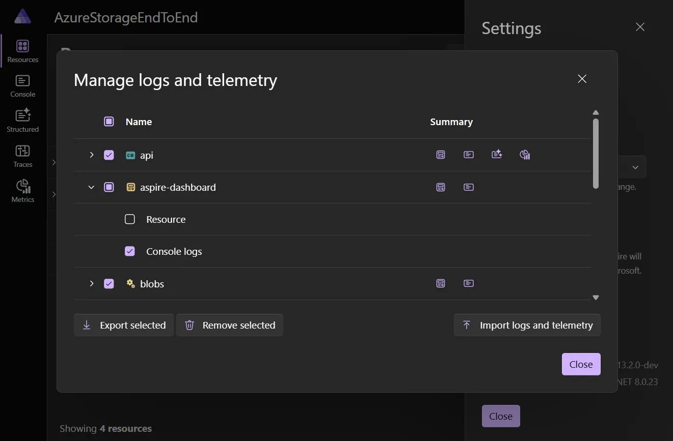 Manage logs and telemetry dialog showing Export selected, Remove selected, and Import logs and telemetry buttons