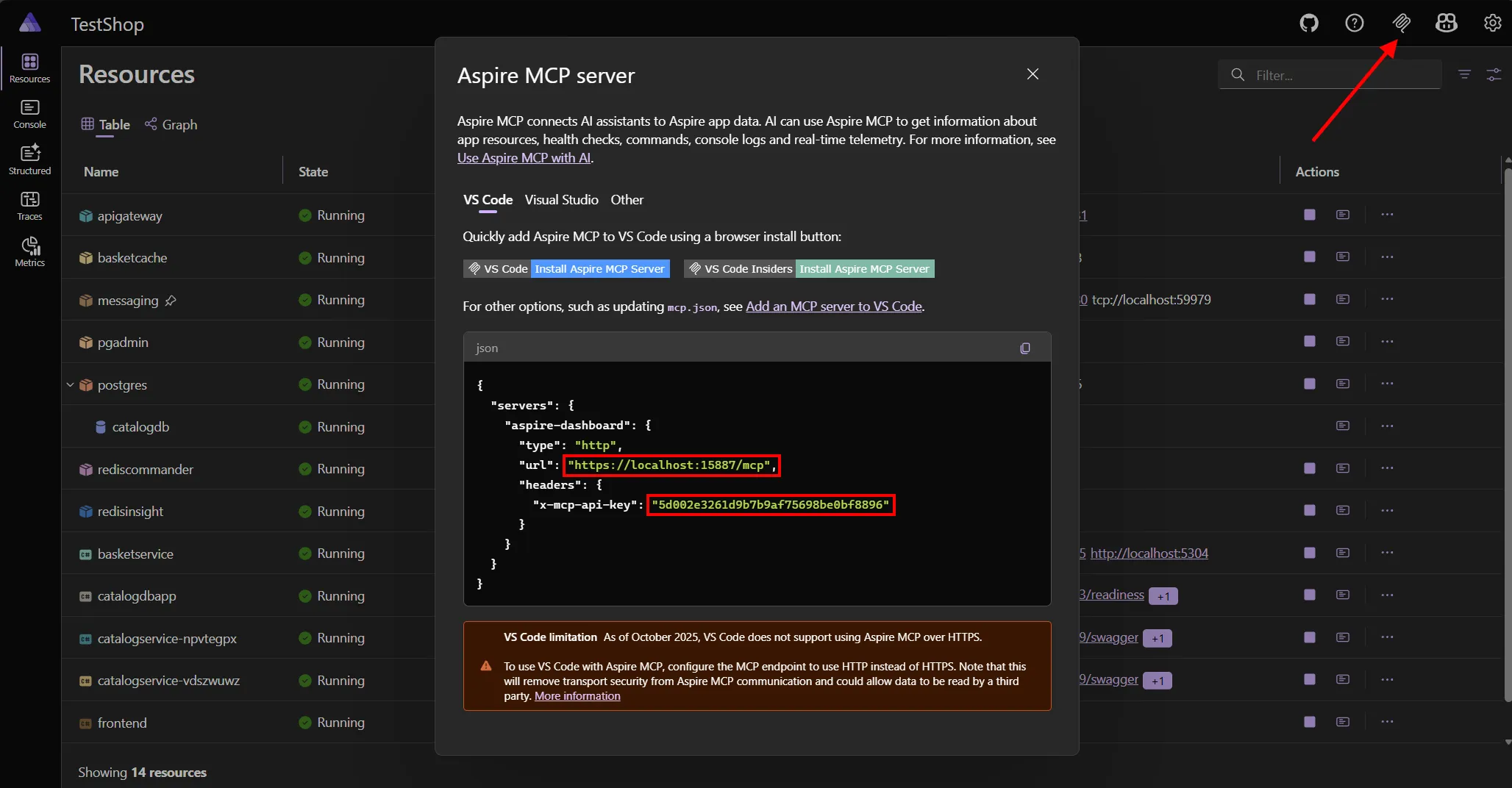 A screenshot of the Aspire MCP dialog in the dashboard with the url and API header highlighted.