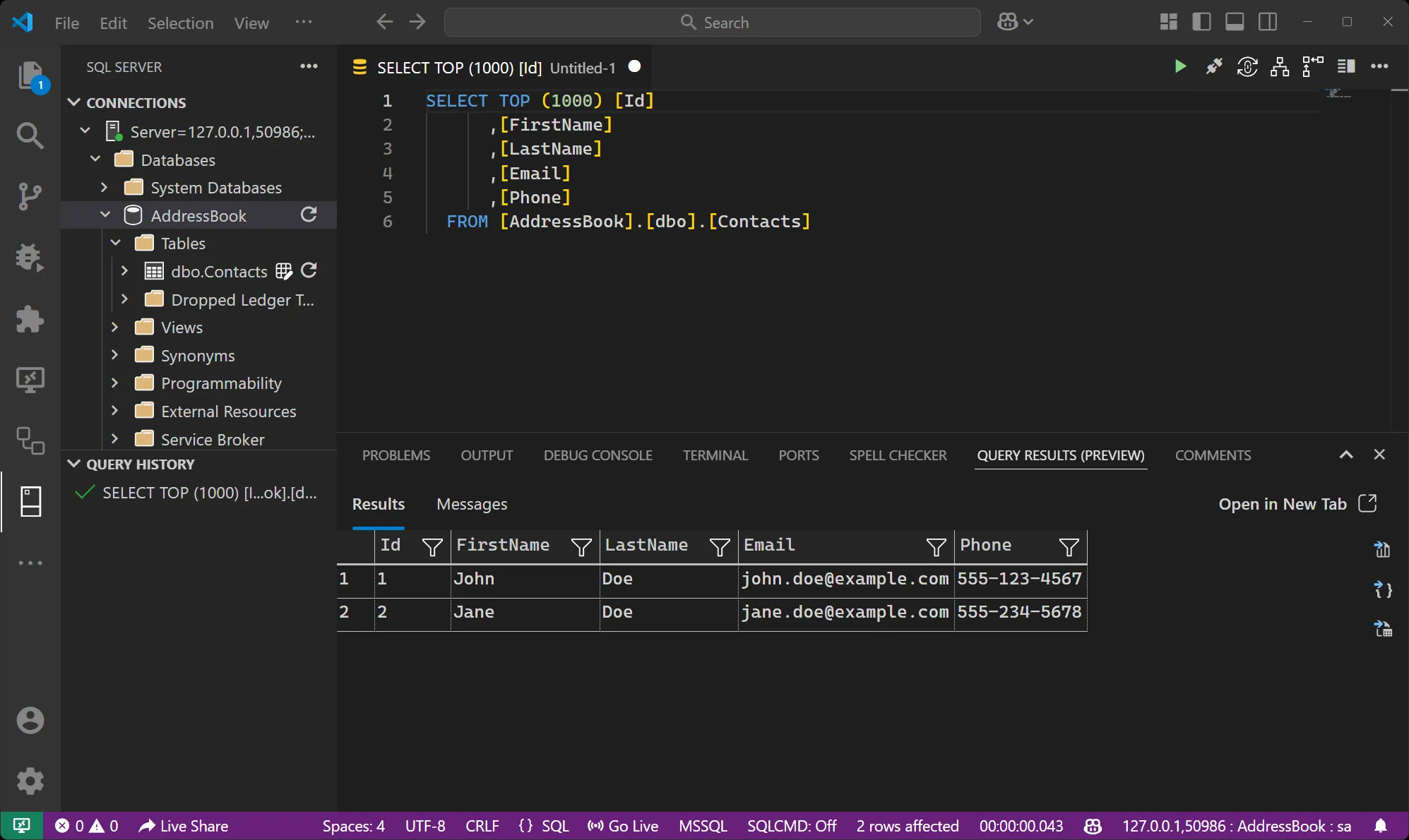 MSSQL for Visual Studio Code: Connected to database.