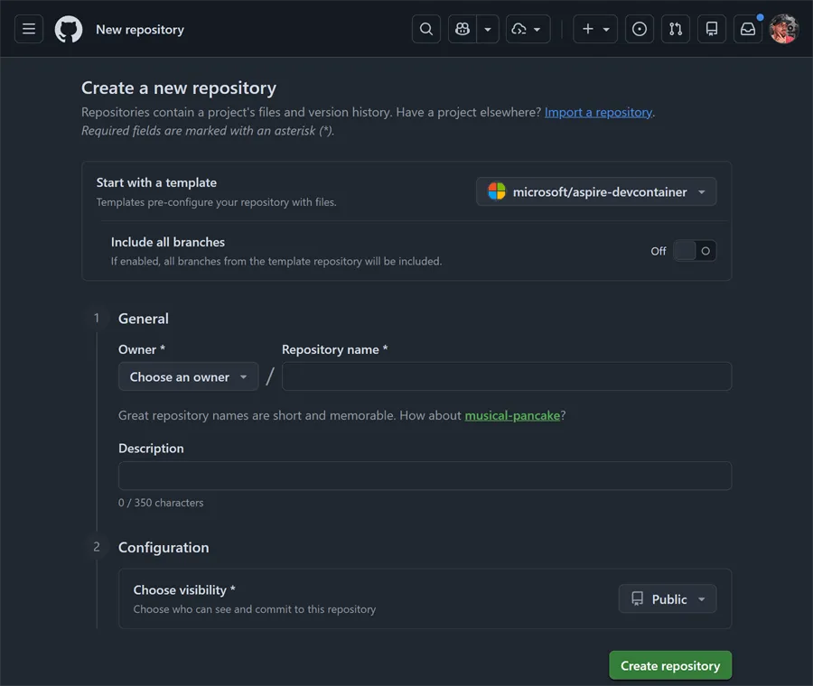 Screenshot showing how to create a new repository from the Aspire devcontainer template on GitHub.