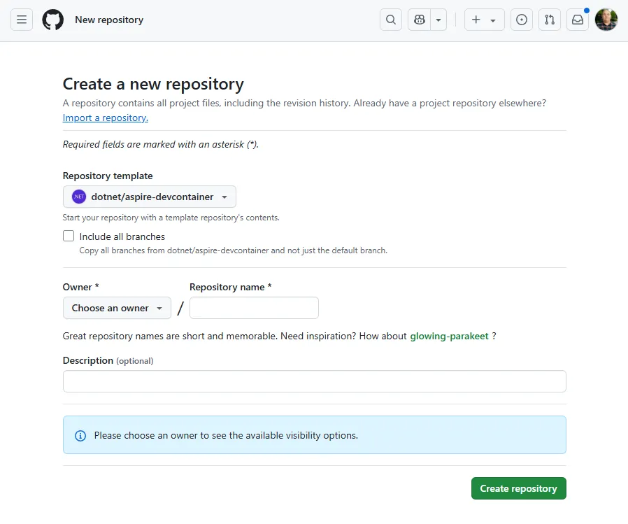 Screenshot showing how to create a new repository from the Aspire devcontainer template on GitHub.