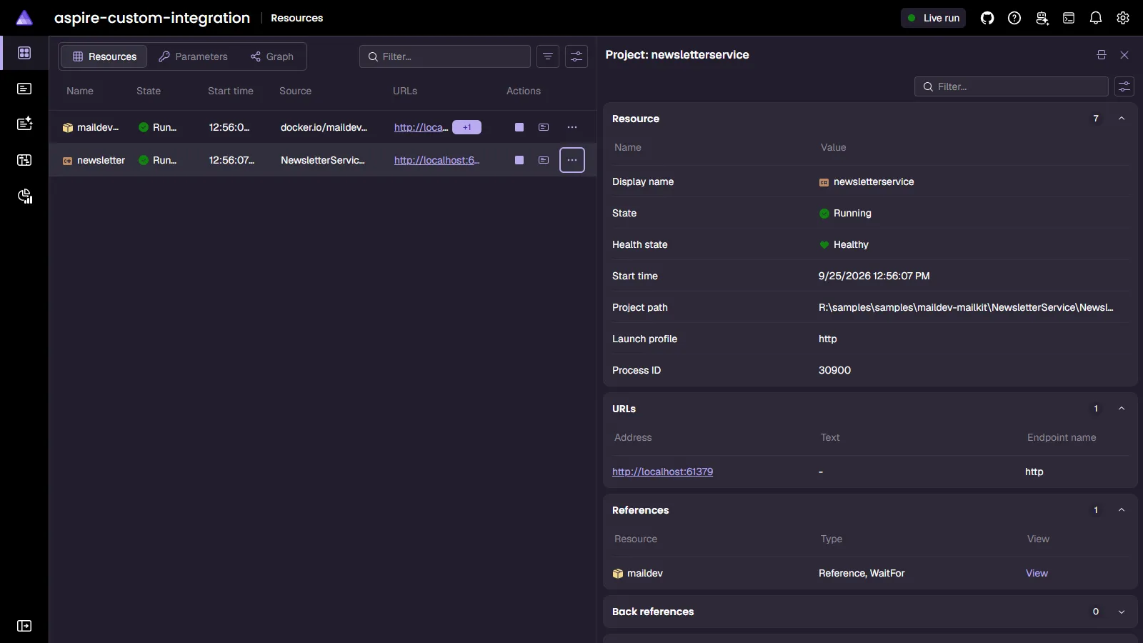 Aspire Dashboard: Newsletter service resource details.