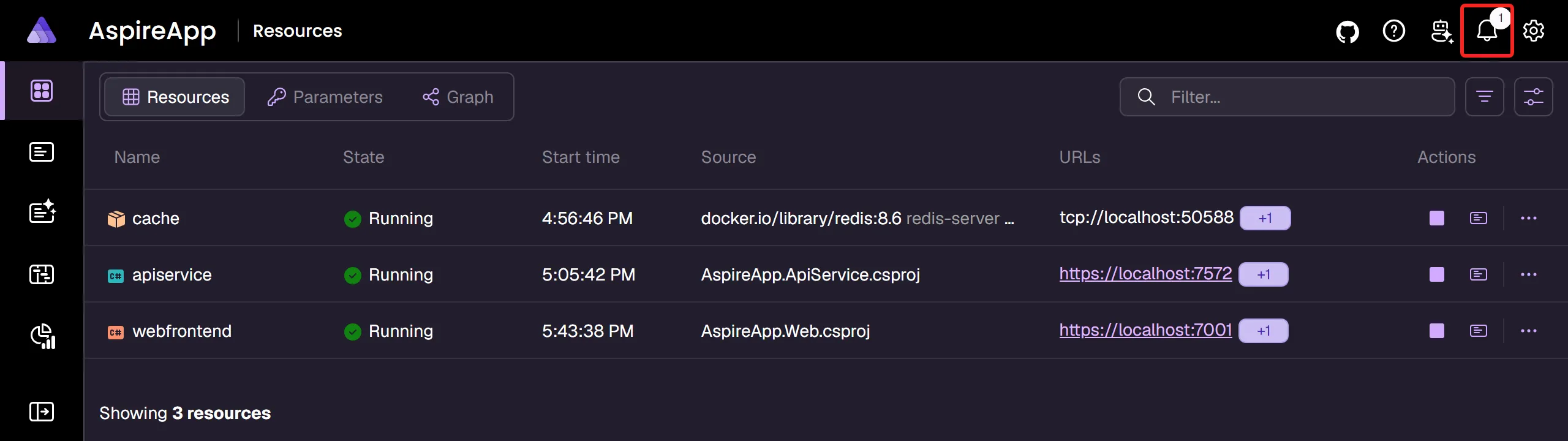 Aspire dashboard header showing the notification center bell icon with an unread count badge.