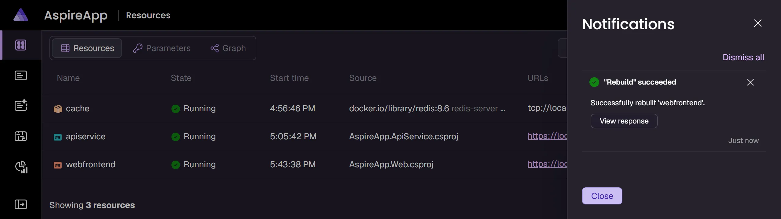 Aspire dashboard Notifications dialog showing a list of command notifications with timestamps.
