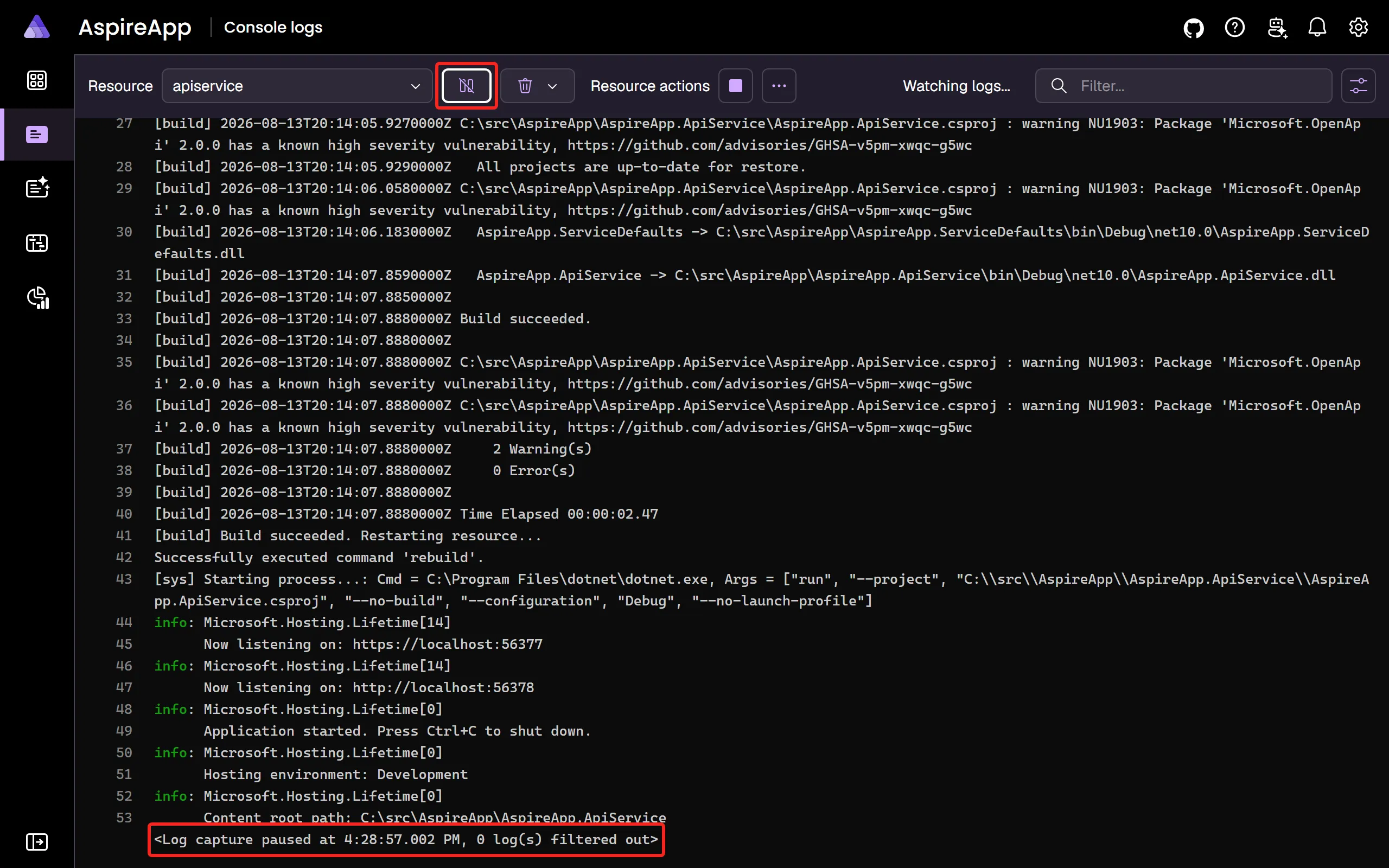 A screenshot of the Aspire dashboard Console logs page, showing how to pause telemetry.