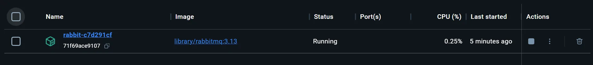 Docker desktop showing RabbitMQ