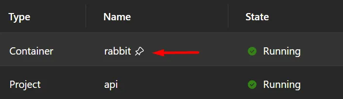 Screenshot of the Aspire dashboard showing a persistent container with a pin icon.
