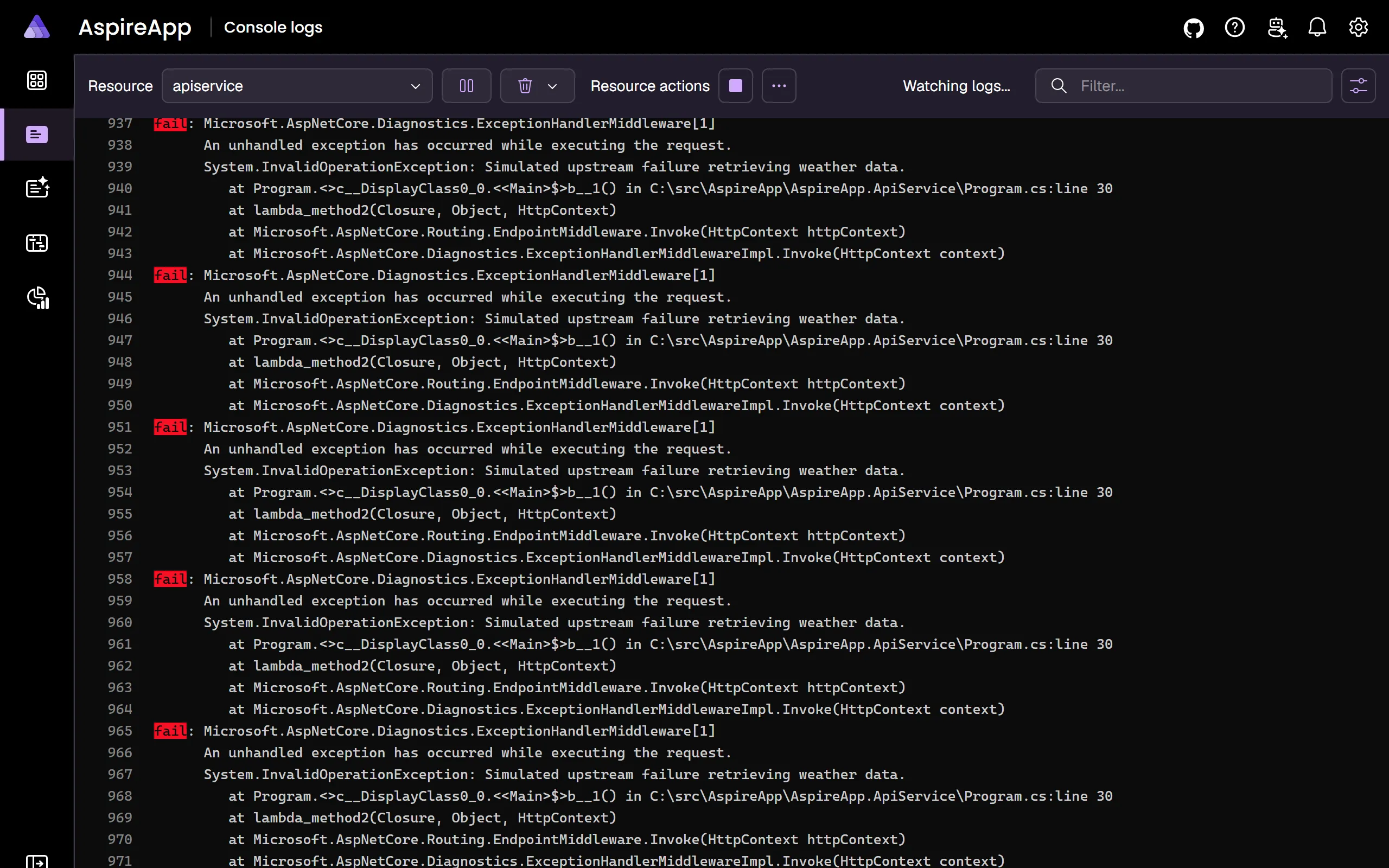 A screenshot of the Aspire dashboard Console Logs page, showing logs with errors.
