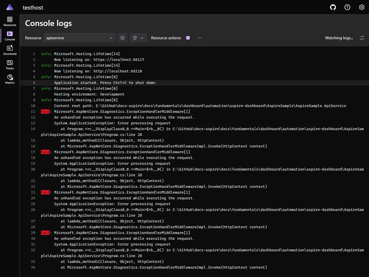 A screenshot of the Aspire dashboard Console Logs page, showing logs with errors.