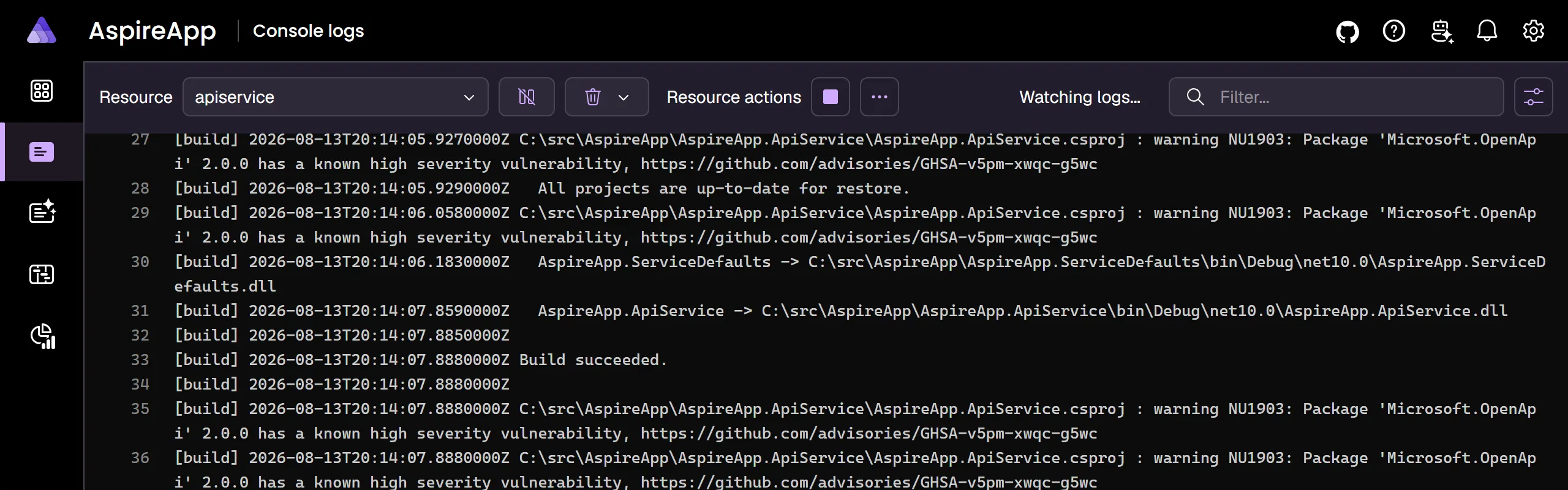 A screenshot of the Aspire dashboard Console Logs page with a source selected.