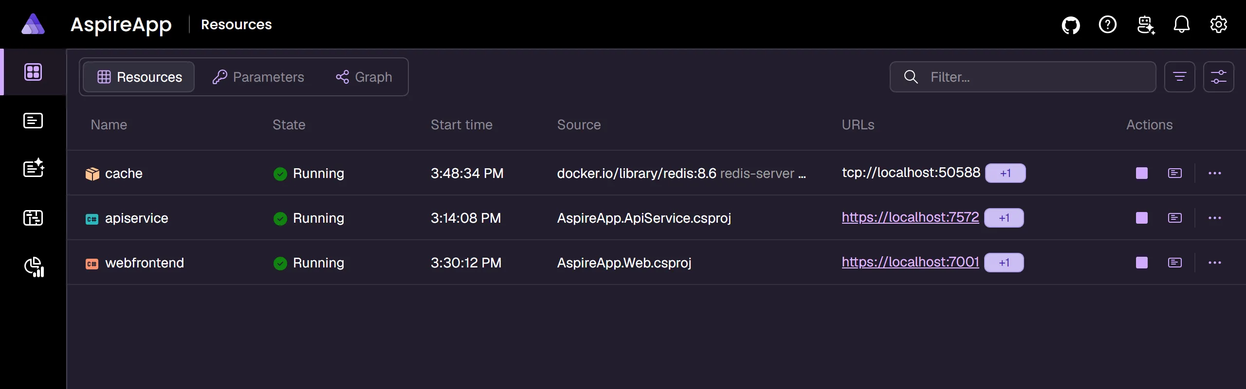 The Aspire dashboard resources page showing the refreshed, officially branded UI with a list of running resources and their endpoints.