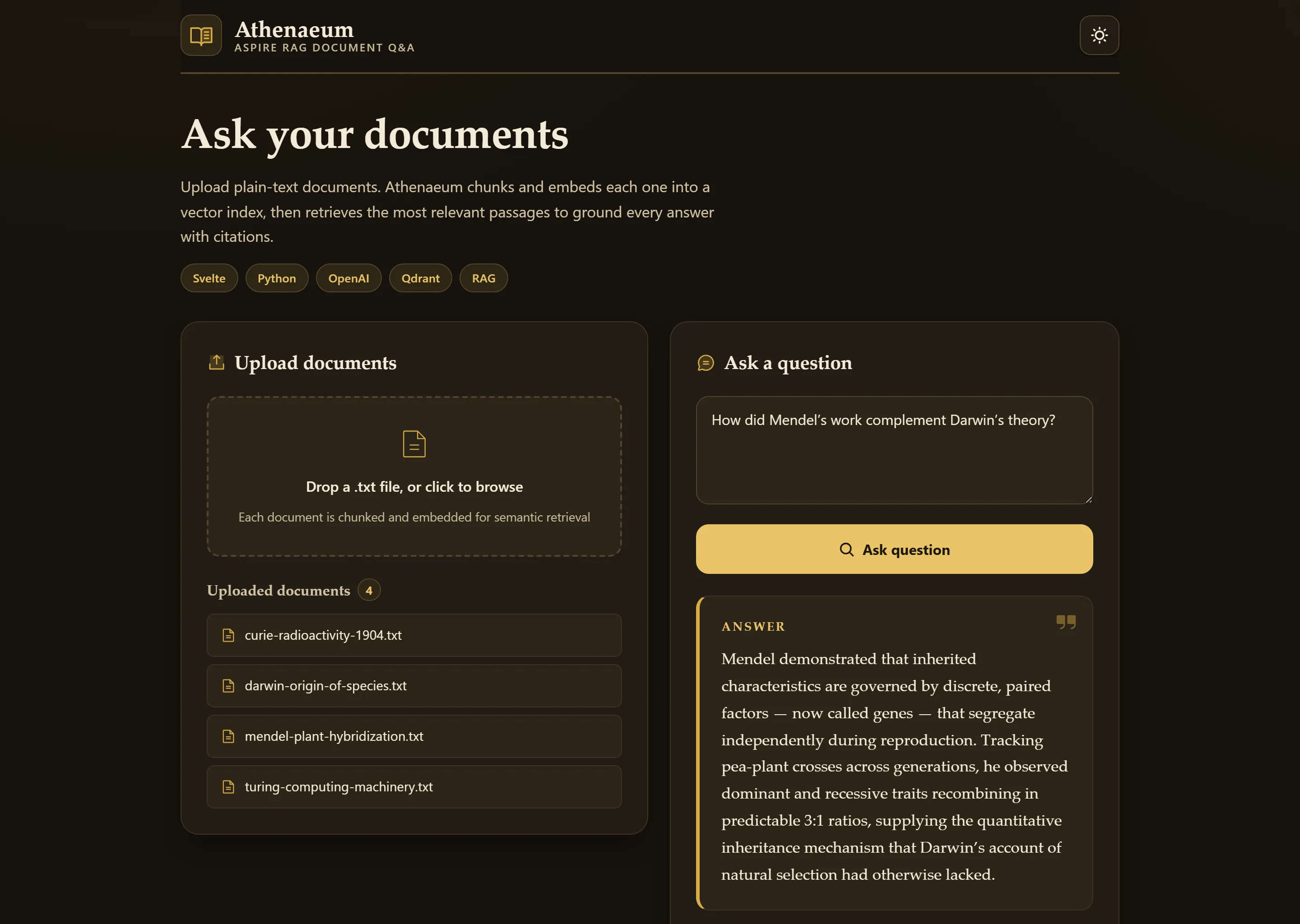 Screenshot of the RAG Document Q&A with Svelte sample