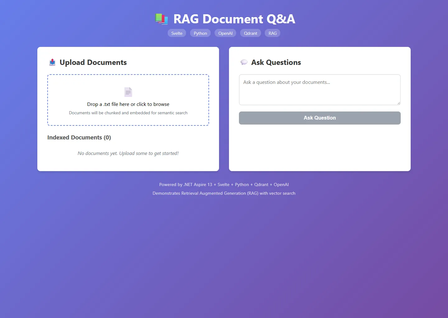 Screenshot of the RAG Document Q&A with Svelte sample