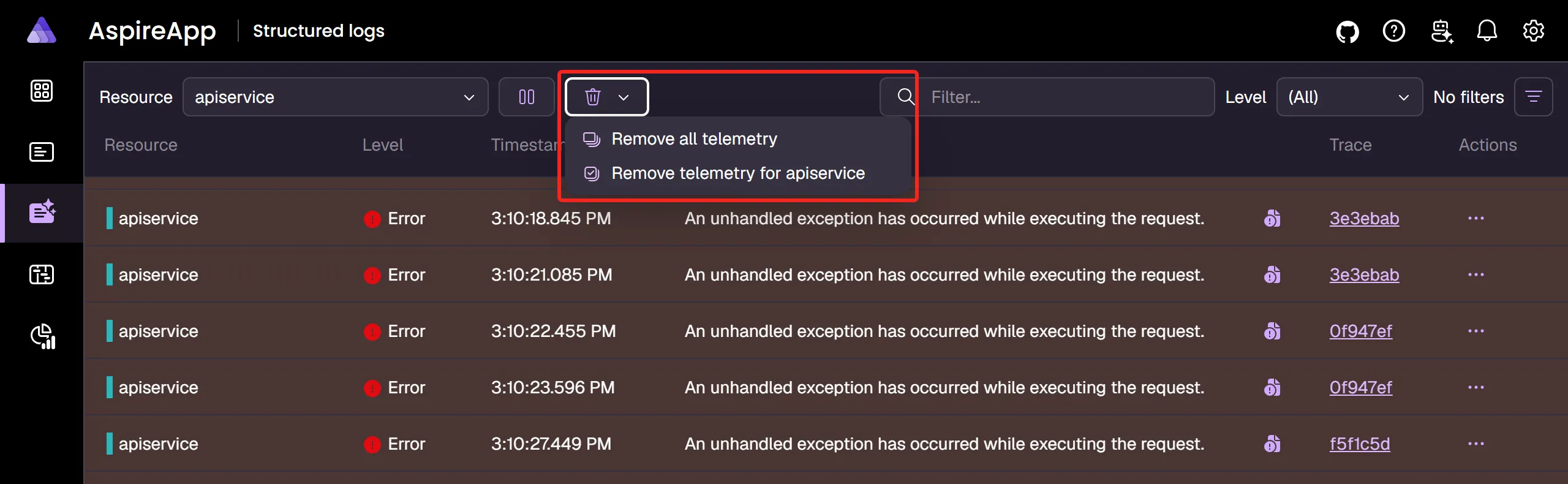 A screenshot of the Aspire dashboard Structured logs page, showing how to remove telemetry.