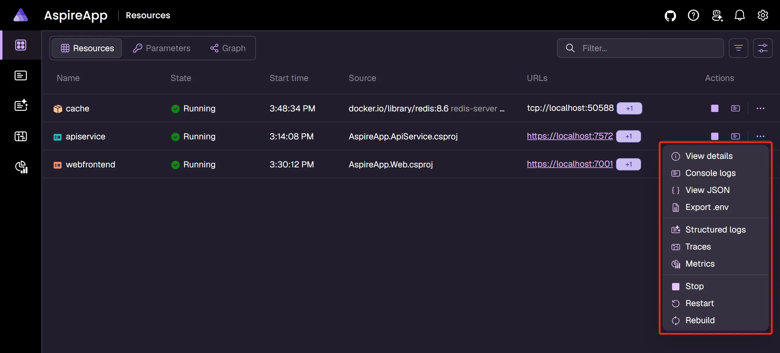 Aspire dashboard resource submenu actions.