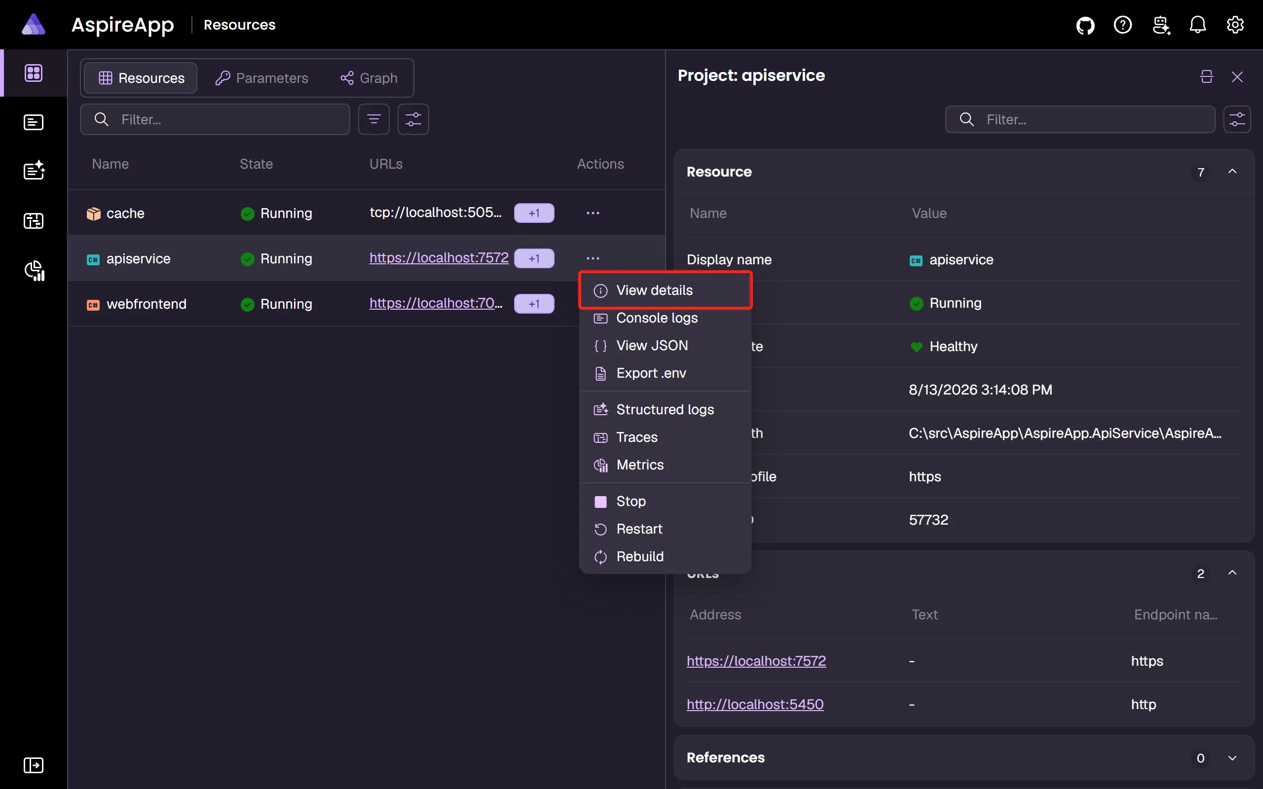 A screenshot of the Aspire dashboard Resources page with the details of a selected resource displayed.