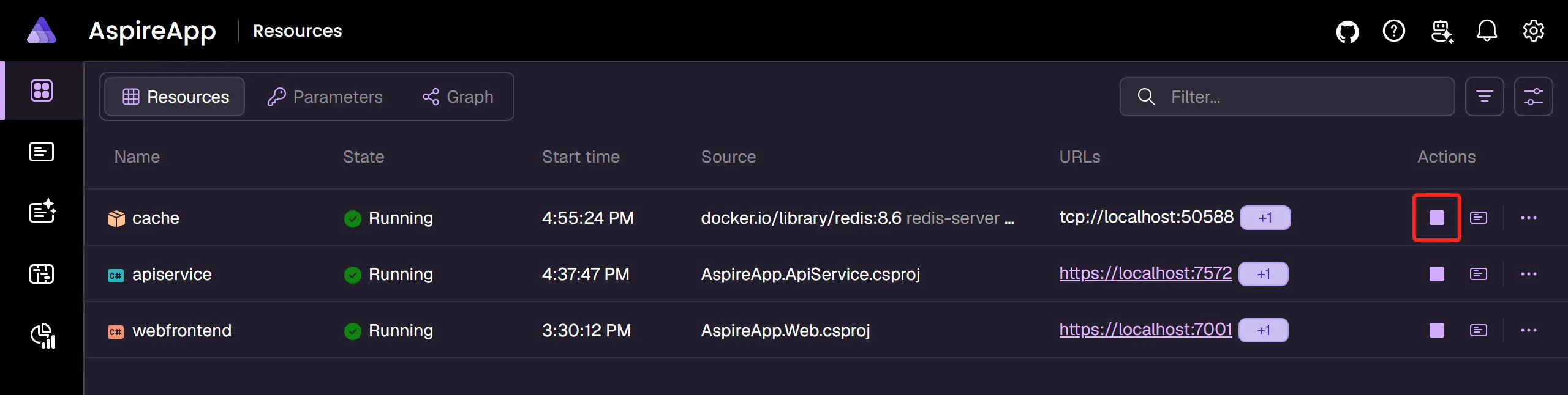 Aspire dashboard stop resource.