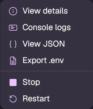 Aspire dashboard disabled submenu actions.