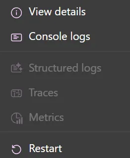 Aspire dashboard disabled submenu actions.