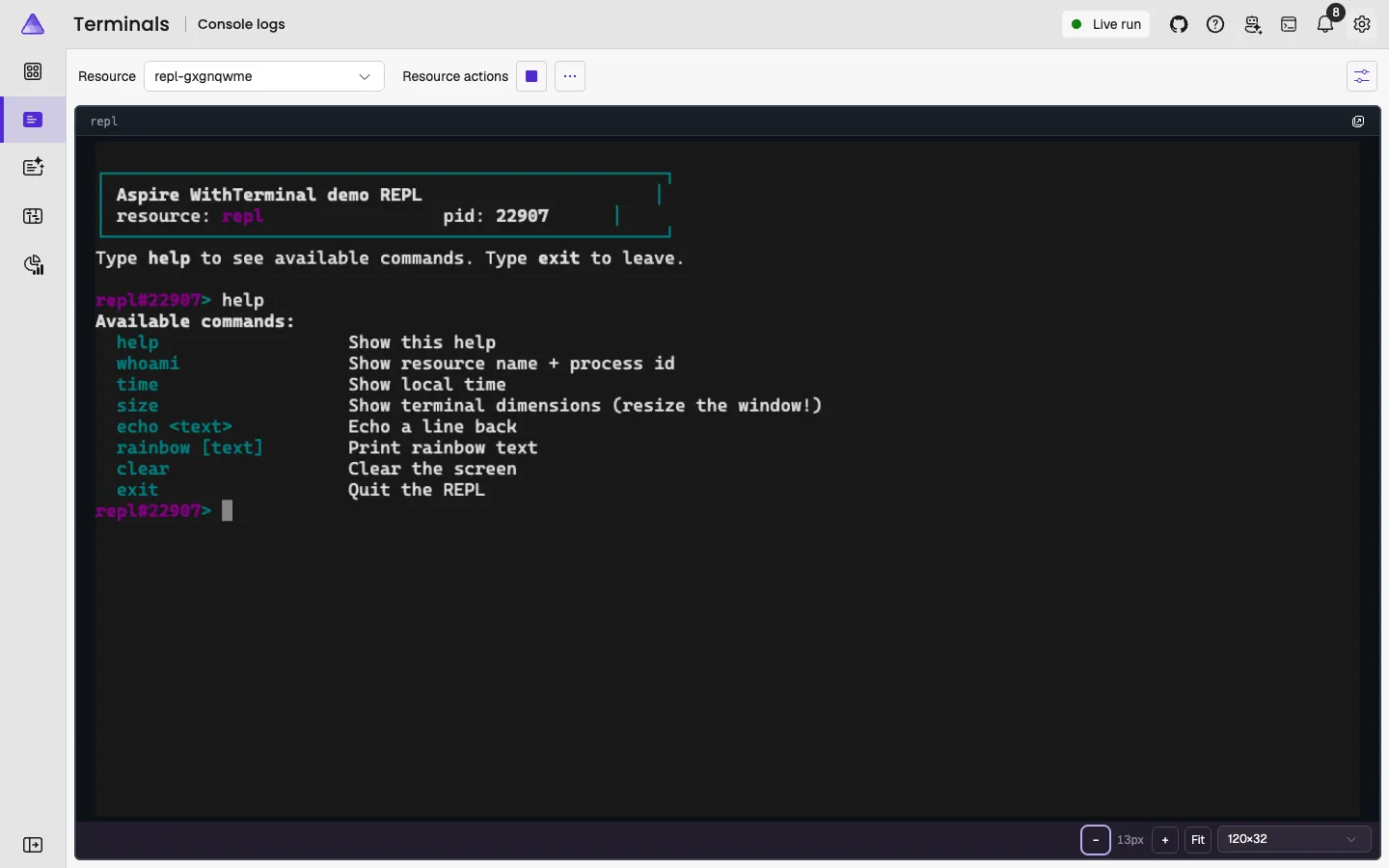 Resource terminal in the dashboard Console logs page, showing an interactive REPL and its available commands.