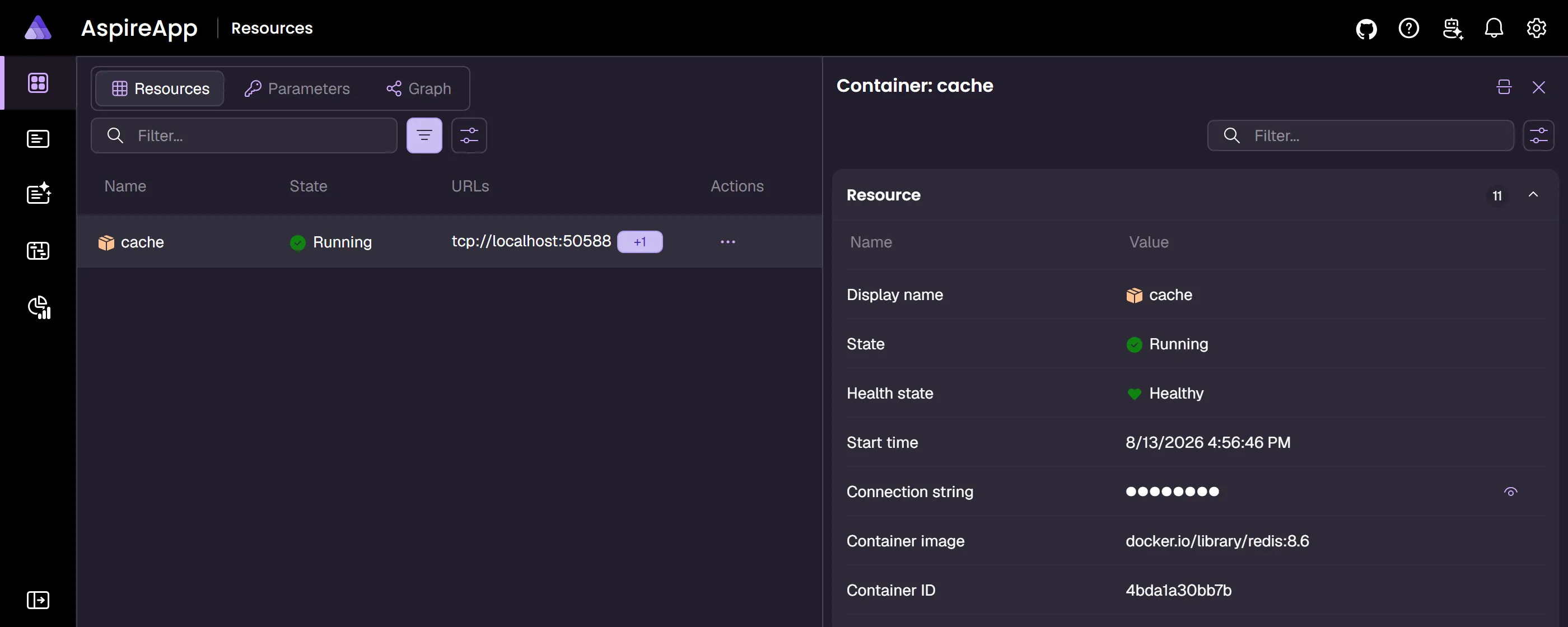 Aspire Dashboard resources page showing filtered container resources with health status, endpoints, and state.