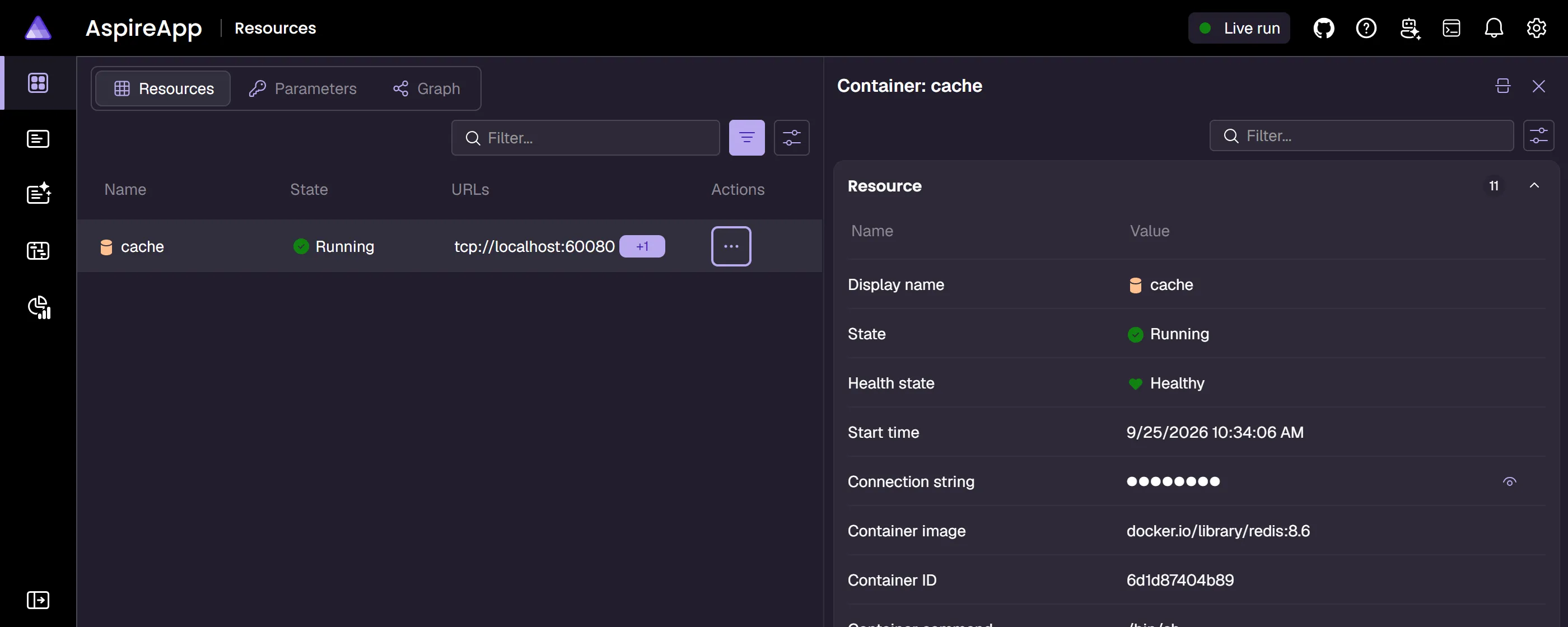 Aspire Dashboard resources page showing filtered container resources with health status, endpoints, and state.